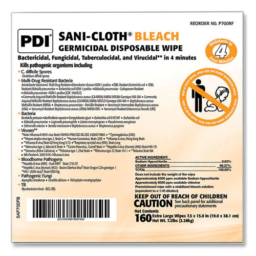 Sani-cloth Bleach Germicidal Disposable Wipe Refill, 1-ply, 7.5 X 15, Unscented, White, 160/bag, 2 Bags/carton - Image 2