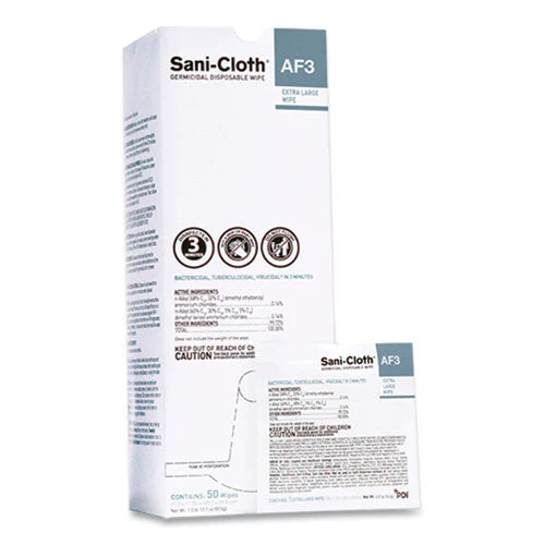 Sani-cloth Af3 Individually Wrapped Germicidal Disposable Wipes, X-large, 1-ply, 11.75" X 11.5", Unscented, White, 50/box - Image 1