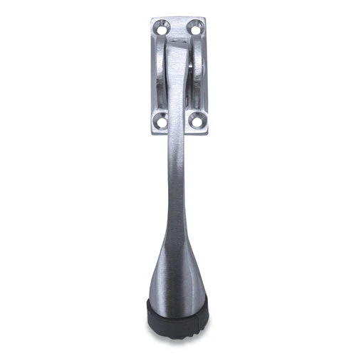 Hinged Kick-down Door Stop With Rectangular Four-point Mounting Plate, 0.75" Wide Door Mount, 4.25 Long Stopper, Satin Chrome - Image 1