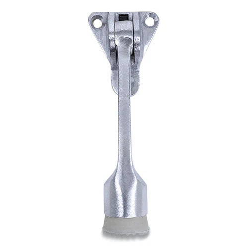 Hinged Kick-down Door Stop With Triangular Three-point Mounting Plate, 1" Wide Door Mount, 4.18 Long Stopper, Satin Chrome - Image 1