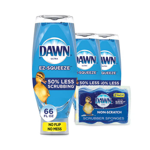 Ultra Liquid Dish Detergent, Dawn Original, Three 22 Oz E-z Squeeze Bottles And 2 Sponges/pack, 6 Packs/carton - Image 1