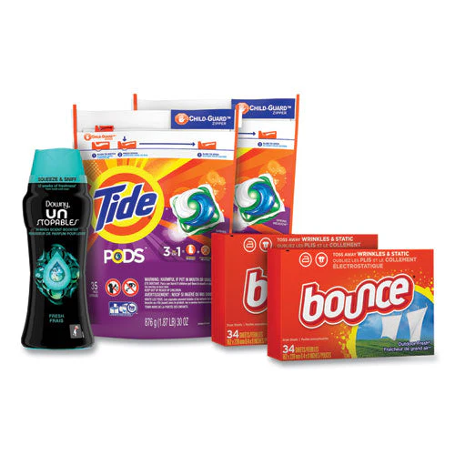 Better Together Laundry Care Bundle, (2) Bags Tide Pods, (2) Boxes Bounce Dryer Sheets, (1) Bottle Downy Unstopables - Image 1