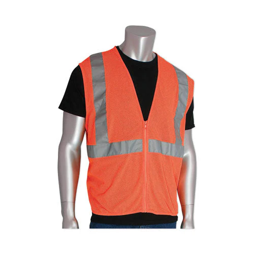 Ansi Class 2 Two-pocket Zipper Mesh Safety Vest, Polyester Mesh, Large, Orange - Image 2