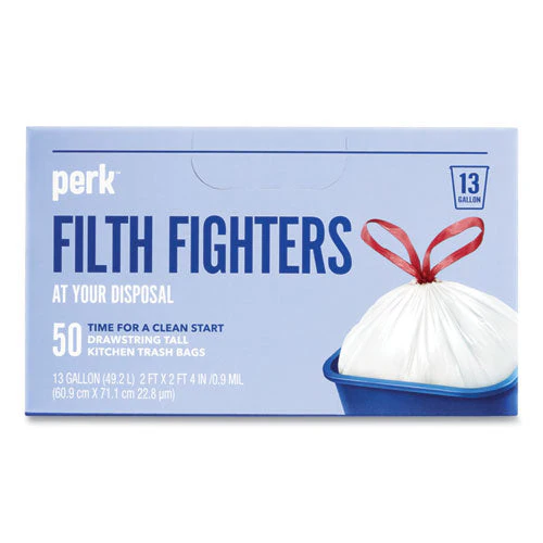 Drawstring Tall Kitchen Trash Bags, 13 Gal, 0.9 Mil, 28" X 24", White, 50/box - Image 1