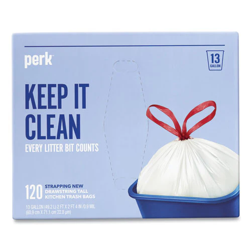 Drawstring Tall Kitchen Trash Bags, 13 Gal, 0.9 Mil, 28" X 24", White, 120/box - Image 1