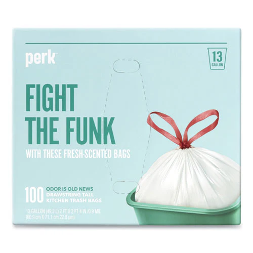 Scented Drawstring Tall Kitchen Trash Bags, 13 Gal, 0.9 Mil, 28" X 24", White, 100/box - Image 1