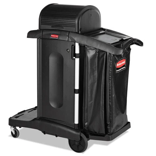 Executive High Security Janitorial Cleaning Cart, Plastic, 4 Shelves, 1 Bin, 23.1" X 39.6" X 27.5", Black - Image 1