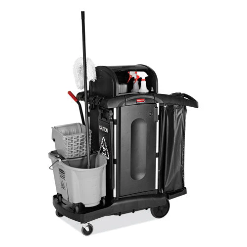Executive High Security Janitorial Cleaning Cart, Plastic, 4 Shelves, 1 Bin, 23.1" X 39.6" X 27.5", Black - Image 2
