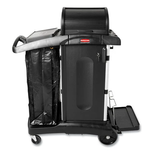 Executive High Security Janitorial Cleaning Cart, Plastic, 4 Shelves, 1 Bin, 23.1" X 39.6" X 27.5", Black - Image 3