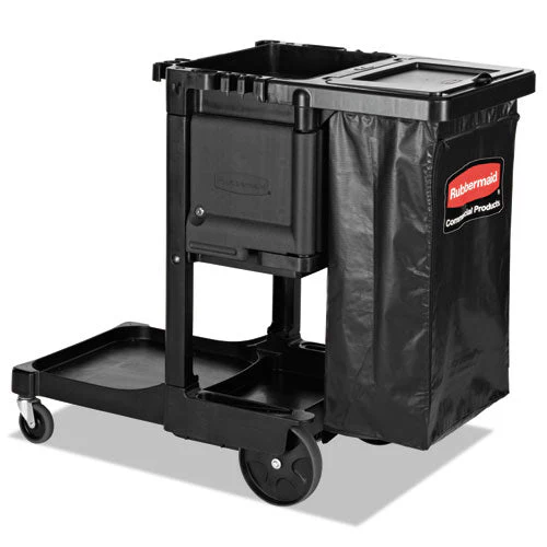 Executive Janitorial Cleaning Cart, Plastic, 4 Shelves, 1 Bin, 12.1" X 22.4" X 23", Black - Image 1