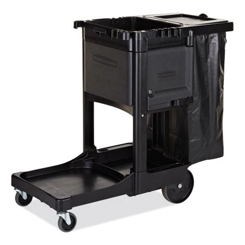 Executive Janitorial Cleaning Cart, Plastic, 4 Shelves, 1 Bin, 12.1" X 22.4" X 23", Black - Image 2