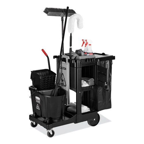 Executive Janitorial Cleaning Cart, Plastic, 4 Shelves, 1 Bin, 12.1" X 22.4" X 23", Black - Image 3