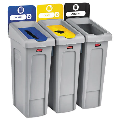 Slim Jim Recycling Station Kit, 3-stream Landfill/paper/bottles/cans, 69 Gal, Plastic, Blue/gray/yellow - Image 1