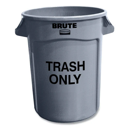 Vented Round Brute Container, "trash Only" Imprint, 32 Gal, Plastic, Gray - Image 1