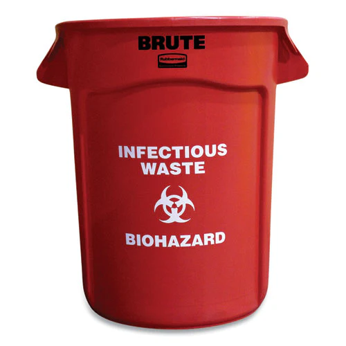 Vented Round Brute Container, "infectious Waste: Biohazard" Imprint, 32 Gal, Plastic, Red - Image 1