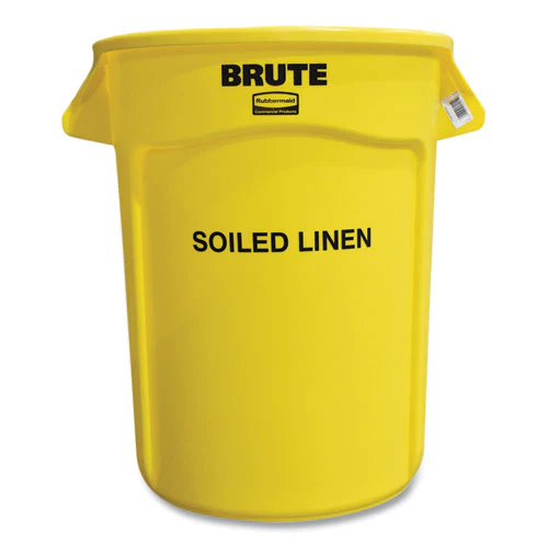 Vented Round Brute Container, "soiled Linen" Imprint, 32 Gal, Plastic, Yellow - Image 1