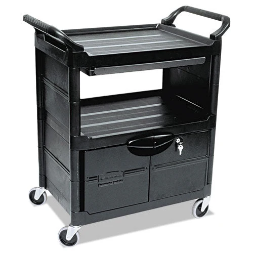 Utility Cart With Locking Doors, Plastic, 3 Shelves, 200 Lb Capacity, 33.63" X 18.63" X 37.75", Black - Image 1