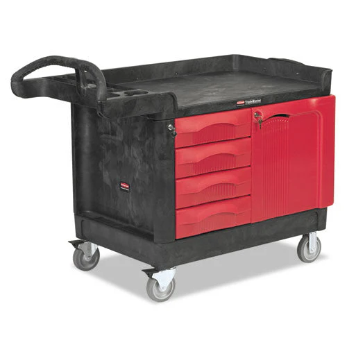 Trademaster Cart With One Door, Plastic, 3 Shelves, 4 Drawers, 750 Lb Capacity, 26.25" X 49" X 38", Black - Image 1