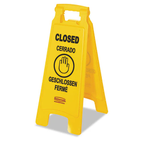 Multilingual "closed" Sign, 2-sided, 11 X 12 X 25, Yellow - Image 1