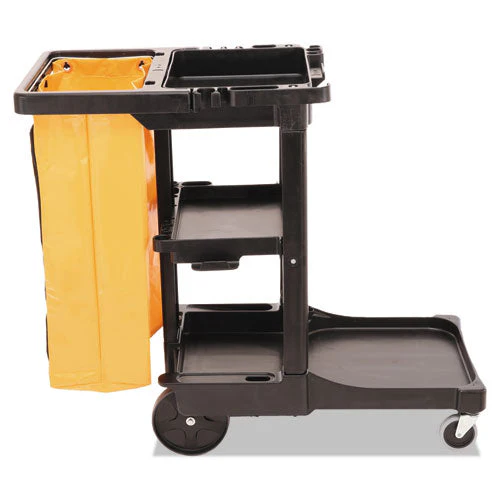 Multi-shelf Cleaning Cart, Plastic, 4 Shelves, 1 Bin, 20" X 45" X 38.25", Black - Image 1