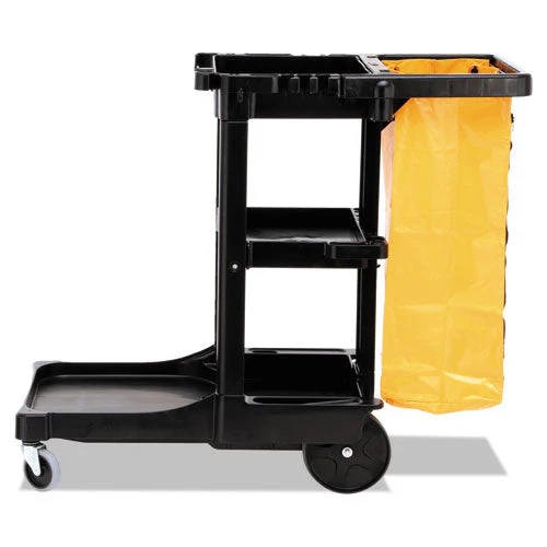 Multi-shelf Cleaning Cart, Plastic, 4 Shelves, 1 Bin, 20" X 45" X 38.25", Black - Image 3