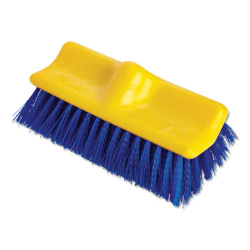 Bi-level Deck Scrub Brush, Blue Polypropylene Bristles, 10" Brush, 10" Plastic Block, Threaded Hole - Image 1