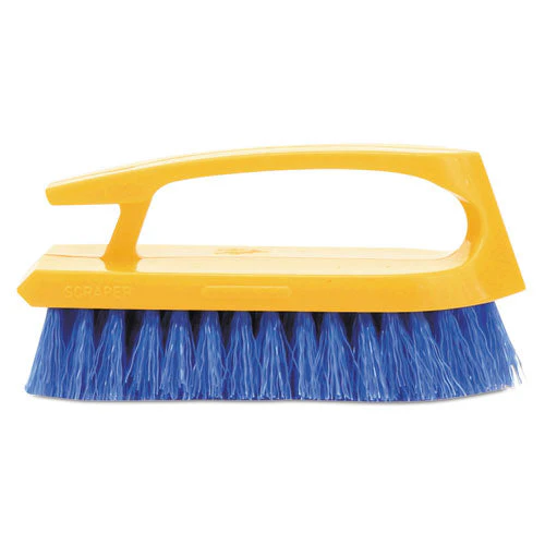 Iron-shaped Handle Scrub Brush, Blue Polypropylene Bristles, 6" Brush, 6" Yellow Plastic Handle - Image 1