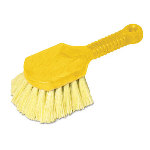 Long Handle Scrub, Yellow Synthetic Bristles, 8" Brush, 8" Gray Plastic Handle - Image 1