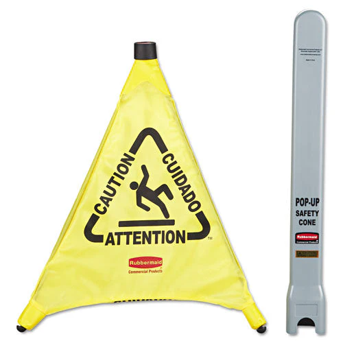 Multilingual Pop-up Safety Cone, 3-sided, Fabric, 21 X 21 X 20, Yellow - Image 1