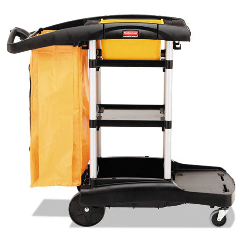 High Capacity Cleaning Cart, Plastic, 4 Shelves, 2 Bins, 21.75" X 49.75" X 38.38", Black - Image 1