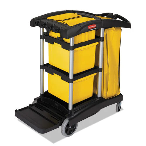 High Capacity Cleaning Cart, Plastic, 4 Shelves, 2 Bins, 21.75" X 49.75" X 38.38", Black - Image 2