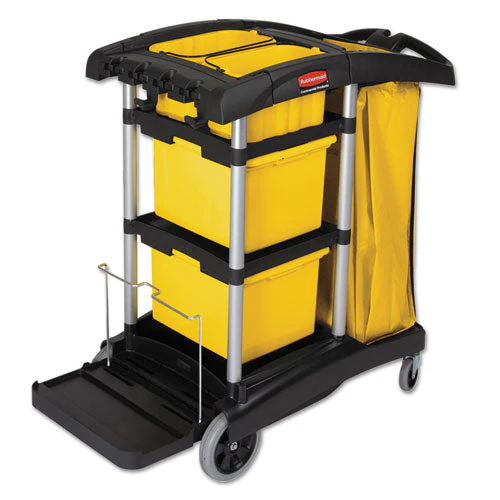 Hygen Microfiber Healthcare Cleaning Cart, Plastic, 3 Shelves, 5 Bins, 22" X 48.25" X 44", Yellow/black/silver - Image 1