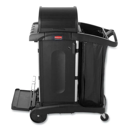 High-security Healthcare Cleaning Cart, Metal, 4 Shelves, 1 Bin, 22" X 48.25" X 53.5", Black - Image 1