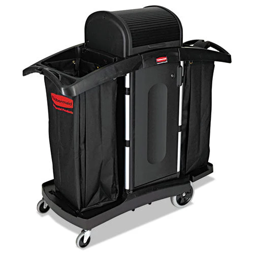 High-security Housekeeping Cart, Plastic, 3 Shelves, 2 Bins, 22" X 51.75" X 53.5", Black/silver - Image 1
