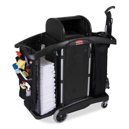 High-security Housekeeping Cart, Plastic, 3 Shelves, 2 Bins, 22" X 51.75" X 53.5", Black/silver - Image 2