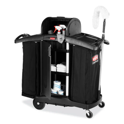 High-security Housekeeping Cart, Plastic, 3 Shelves, 2 Bins, 22" X 51.75" X 53.5", Black/silver - Image 3