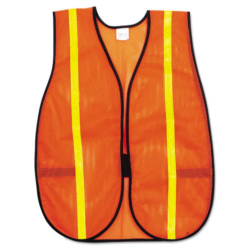 Polyester Mesh Safety Vest, One Size Fits All, Orange With 0.75" Lime Green Stripe - Image 1