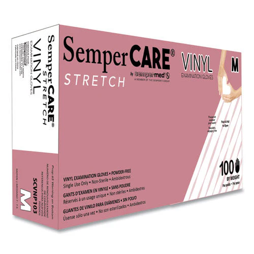 Stretch Vinyl Examination Gloves, Cream, Medium, 100/box - Image 1