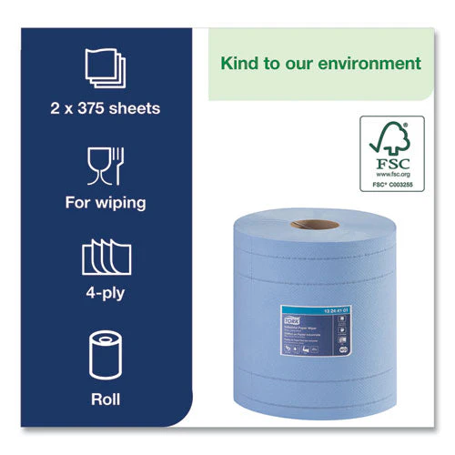 Industrial Paper Wiper, 4-ply, 11 X 15.75, Unscented, Blue, 375 Wipes/roll, 2 Rolls/carton - Image 2