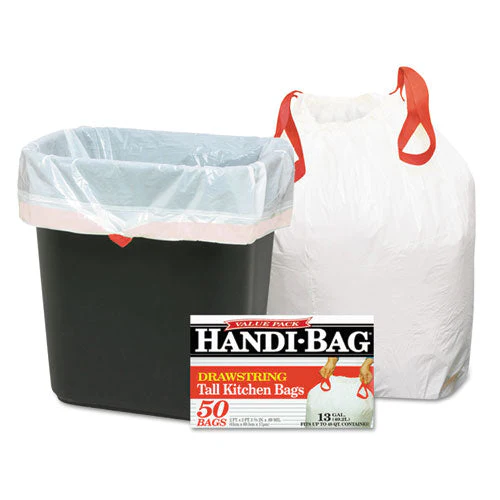 Drawstring Kitchen Bags, 13 Gal, 0.6 Mil, 24" X 27.4", White, 50 Bags/box, 6 Boxes/carton - Image 1