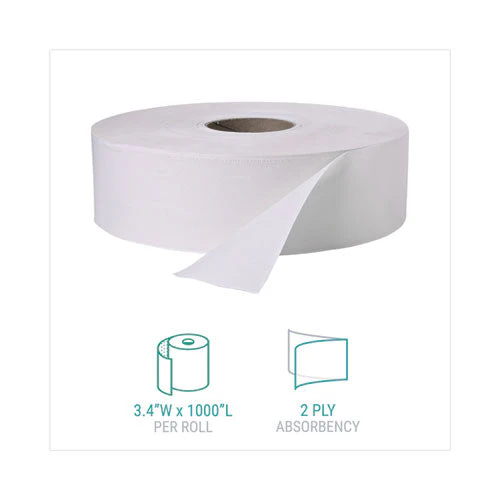 Jumbo Roll Bath Tissue, Septic Safe, 2 Ply, White, 3.4" X 1,000 Ft, 12 Rolls/carton - Image 3