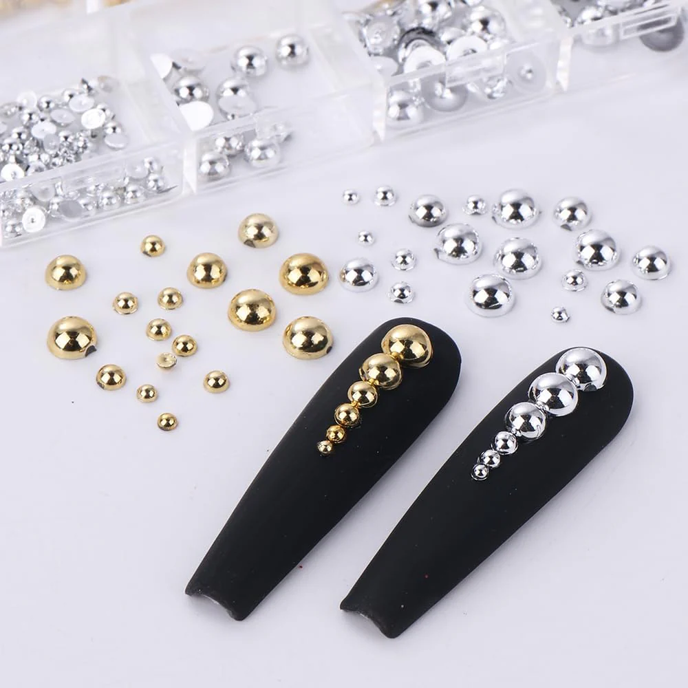 3D Pearl Beads Nail Charms (12 Grid Set) – Gold & Silver - Image 2