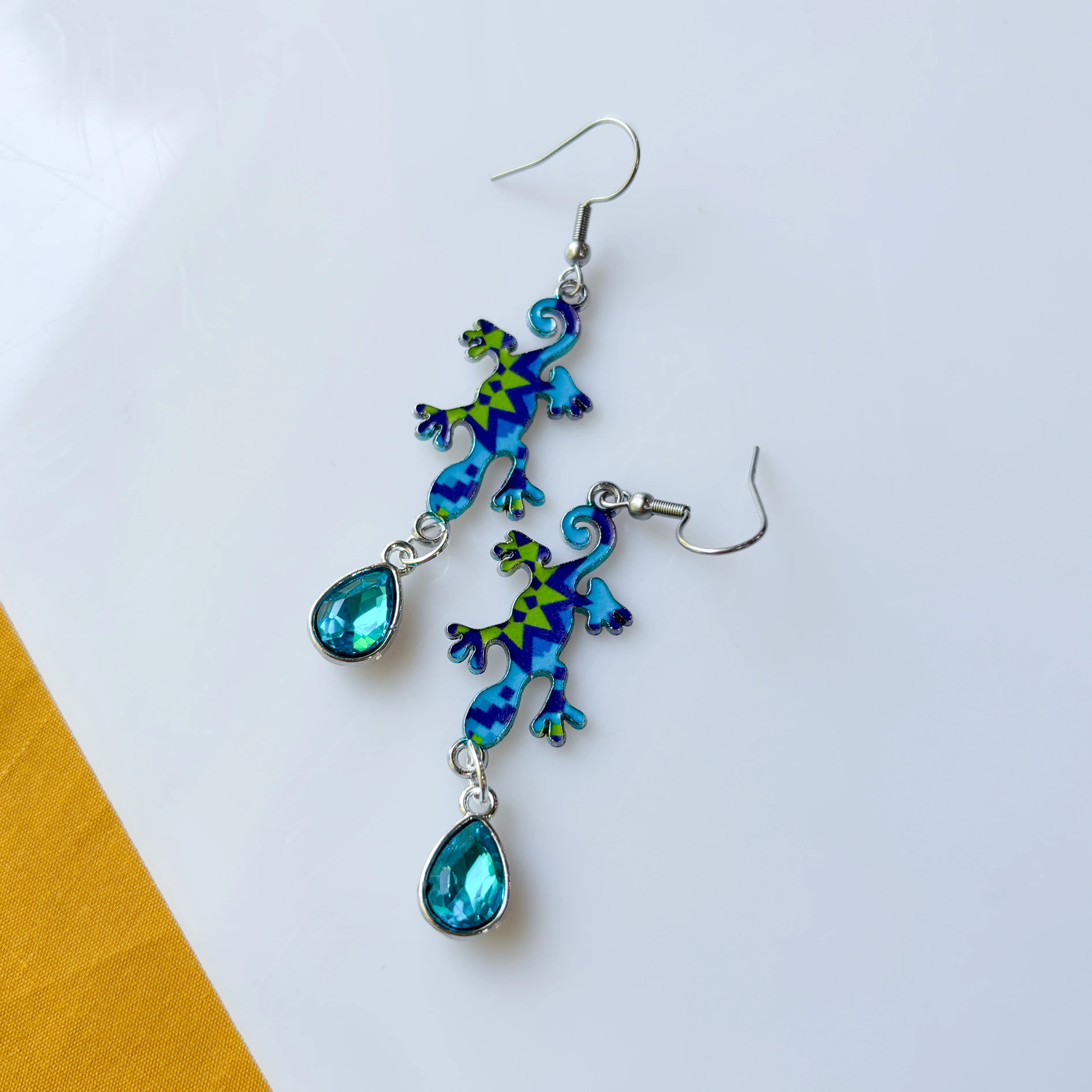 SILVER & BLUE LIZARD CHARM EARRINGS