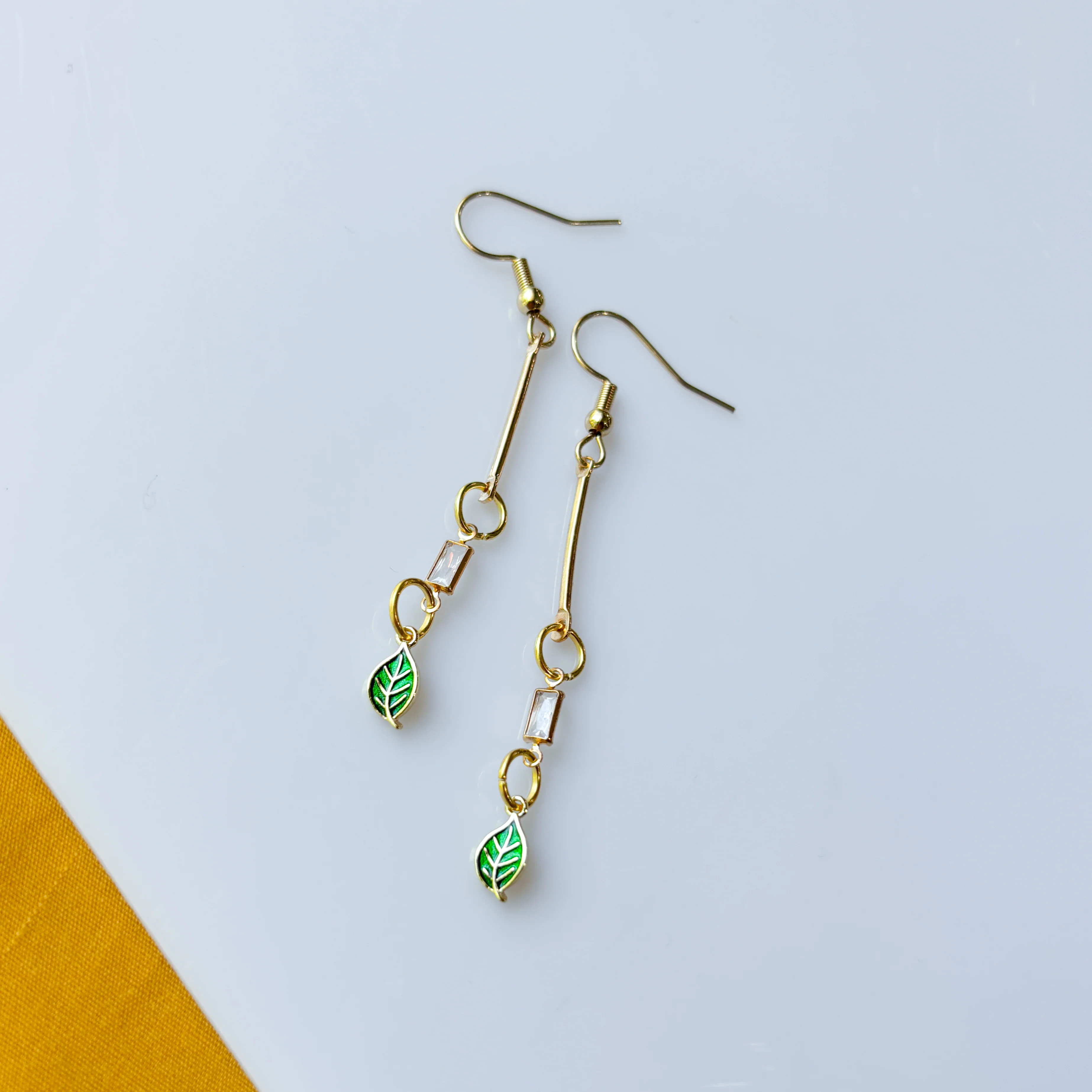 LITTLE TINY LEAF & GEM RECTANGLE DROP CHARM EARRINGS - Image 2