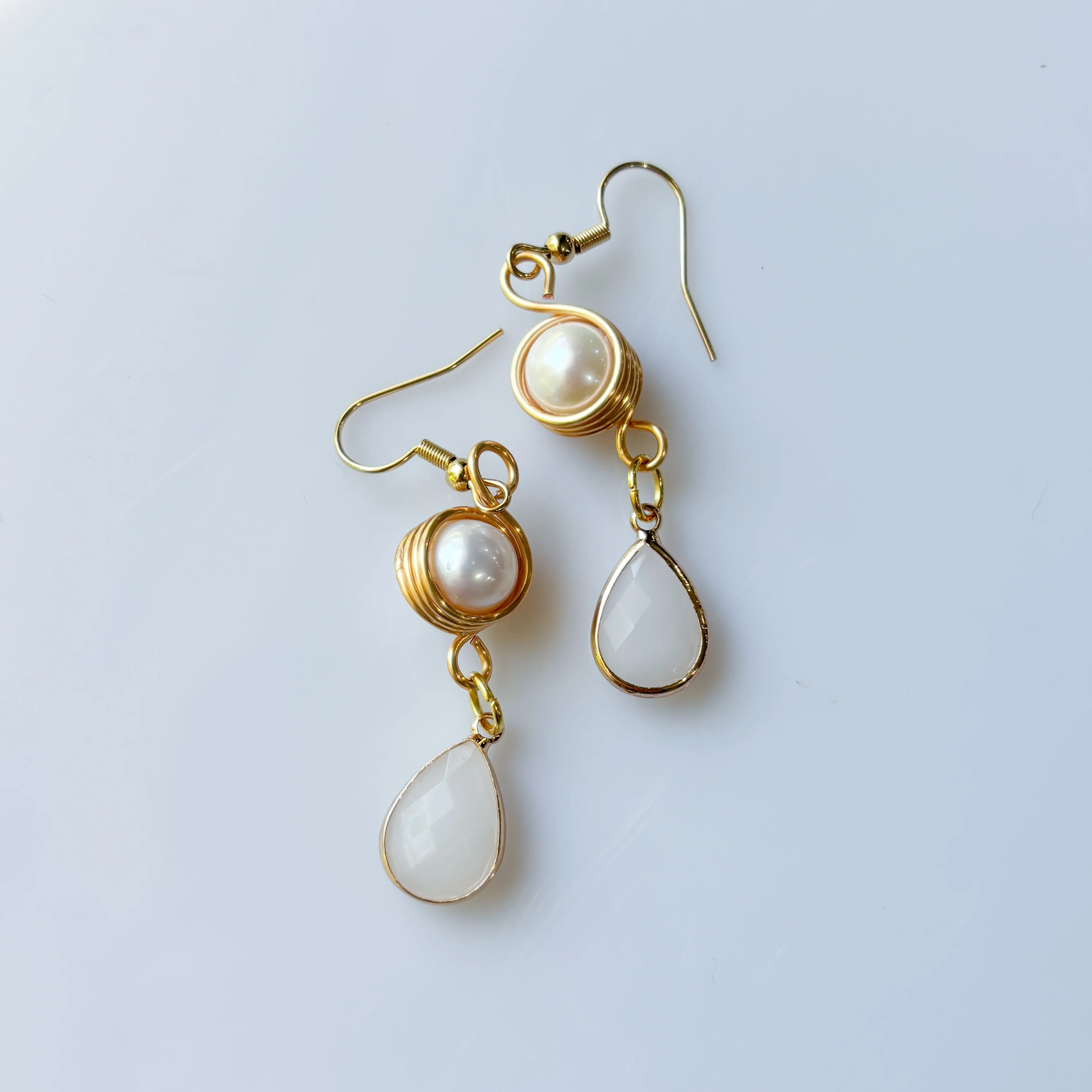 PEARL & WHITE GEM TEARDROP CHARM EARRINGS