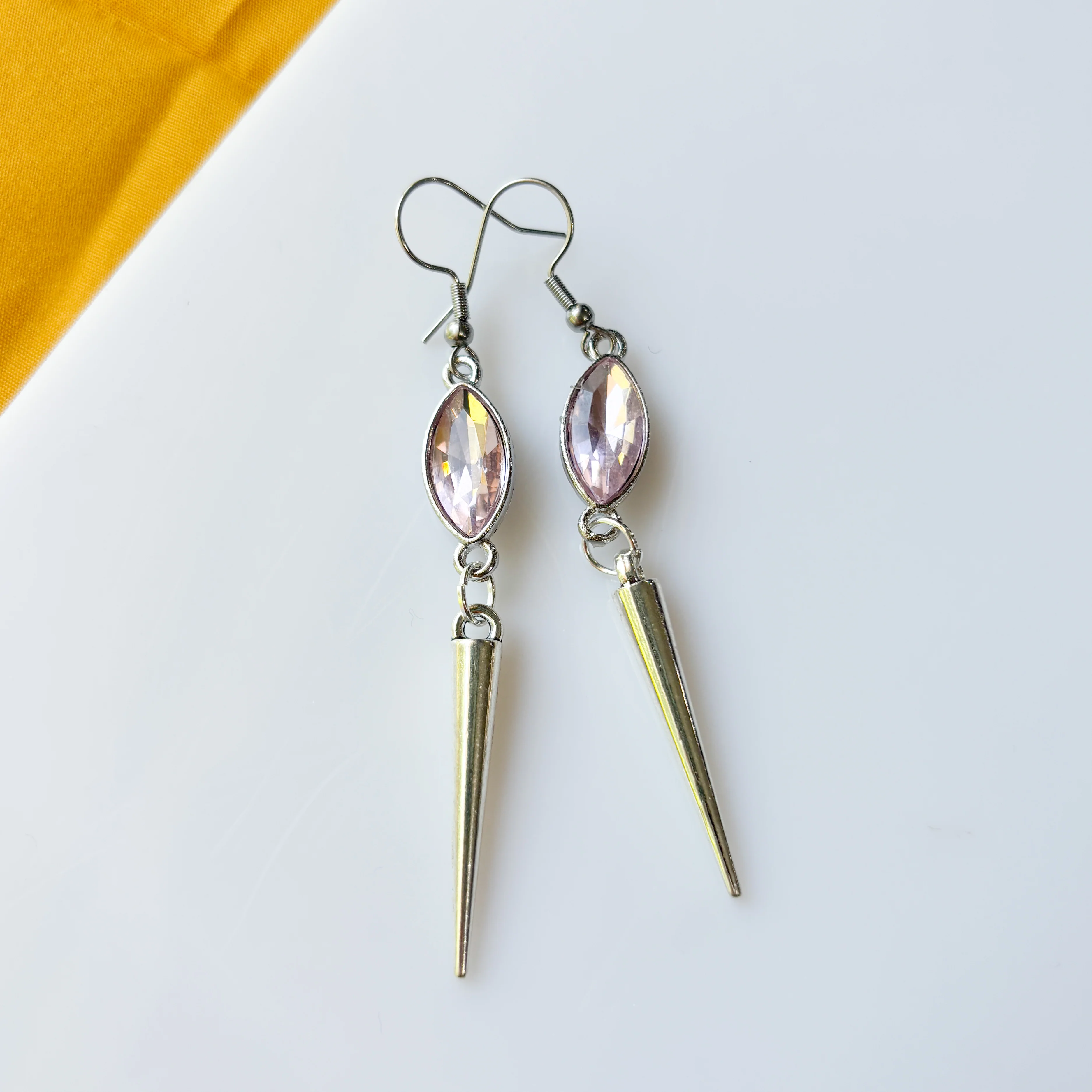 SILVER SPIKE & LIGHT PINK OVAL CHARM EARRINGS - Image 2