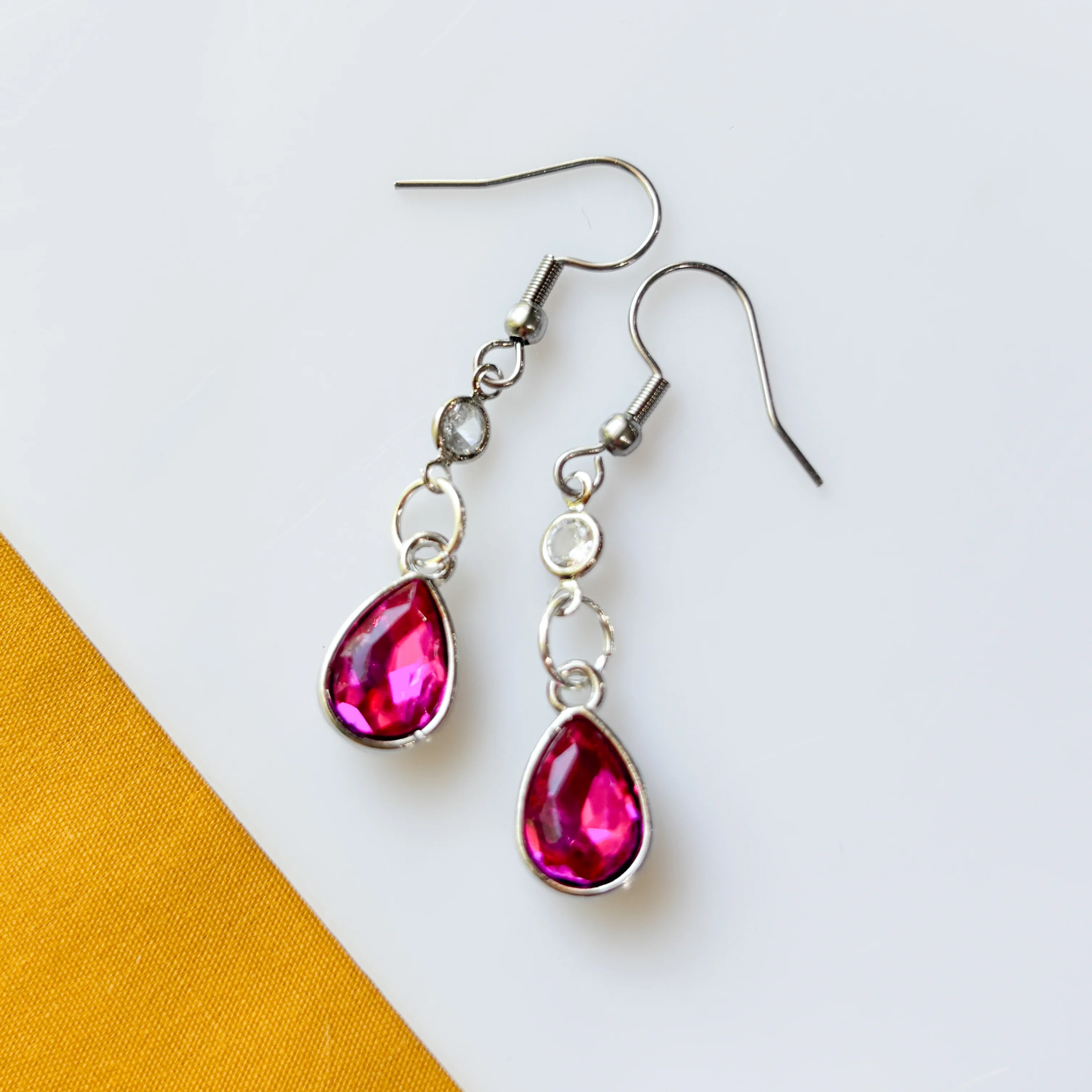 SILVER & MAGENTA TEARDROP CHARM EARRINGS - Image 1