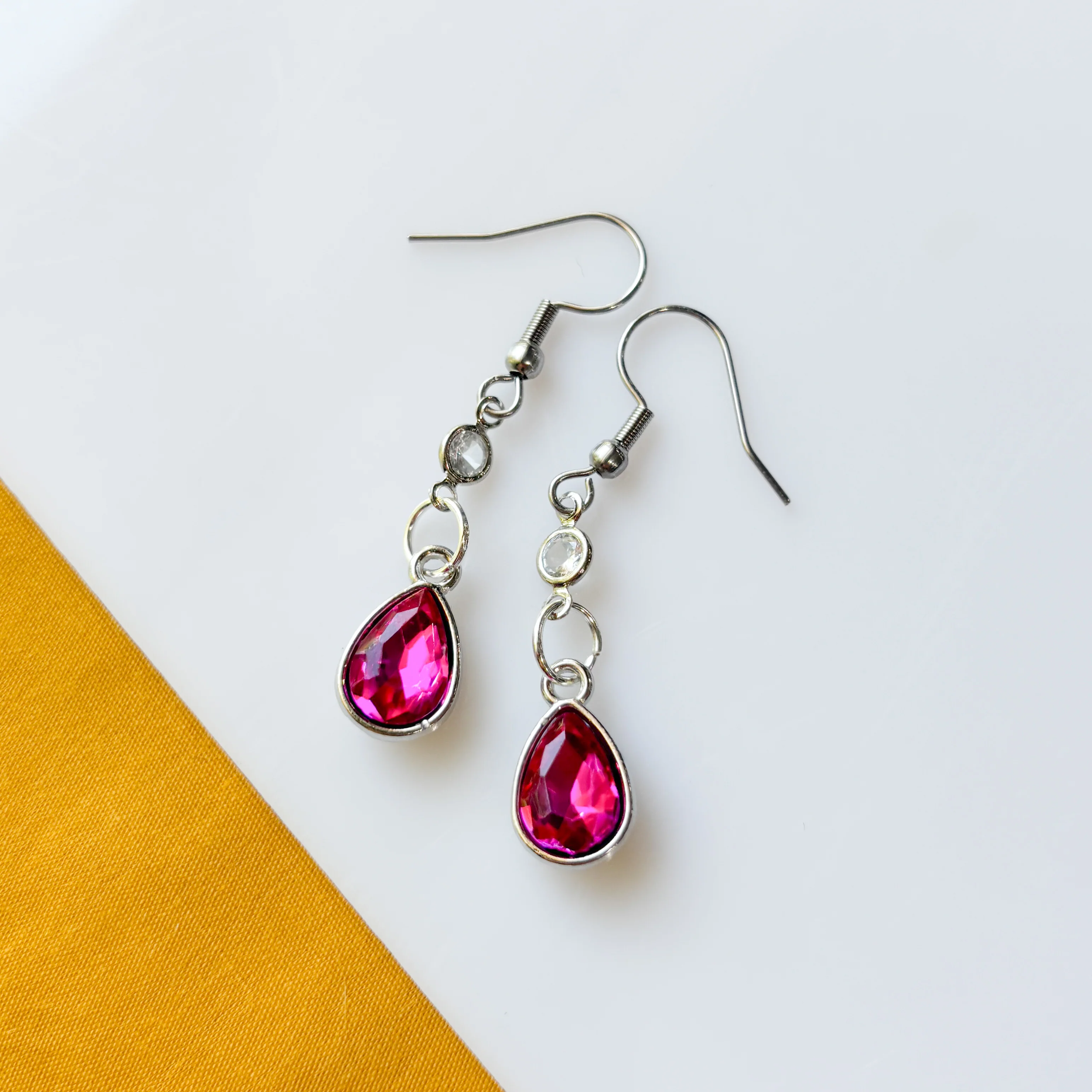 SILVER & MAGENTA TEARDROP CHARM EARRINGS - Image 2