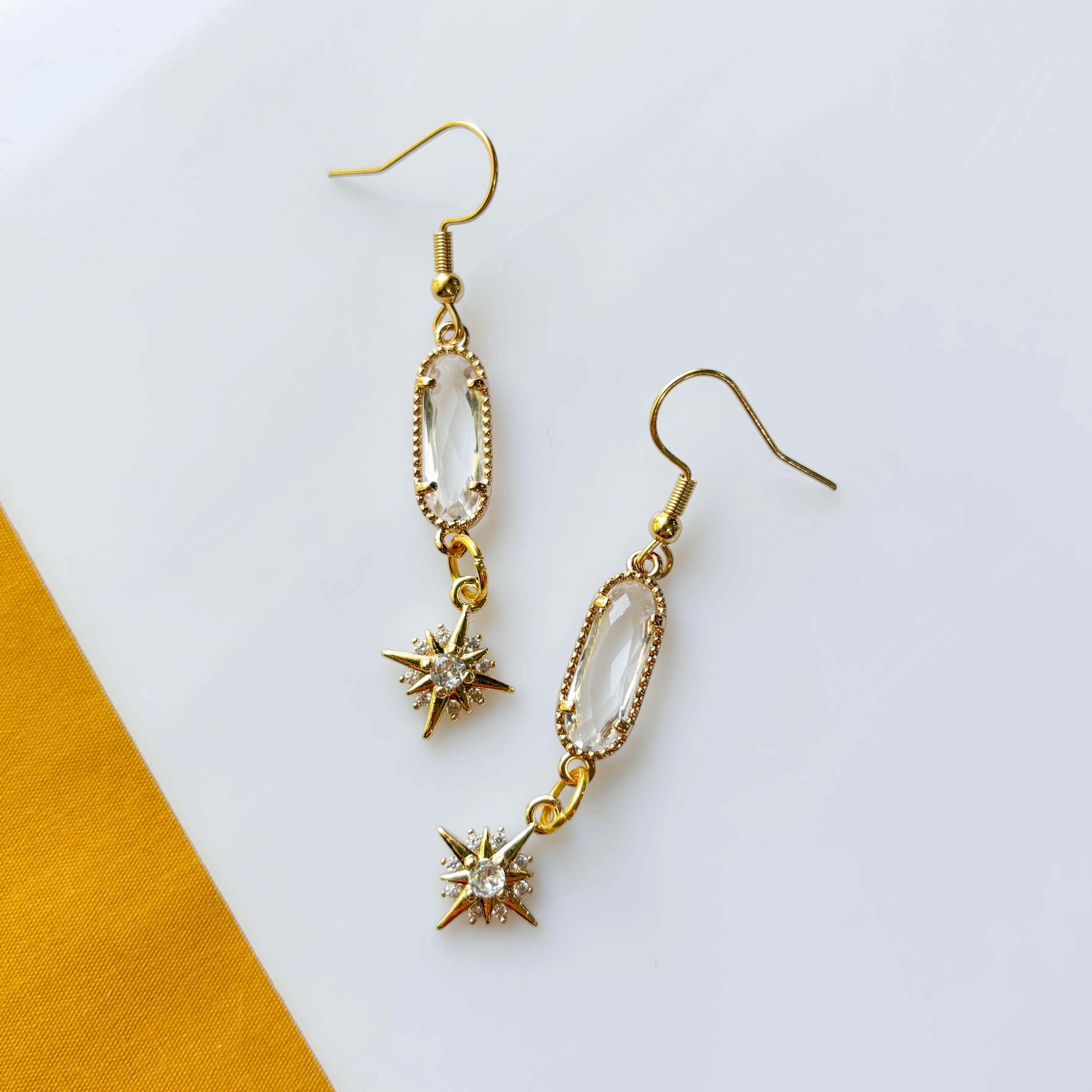 GOLD & CRYSTAL RECTANGLE AND STAR CHARM EARRINGS - Image 1