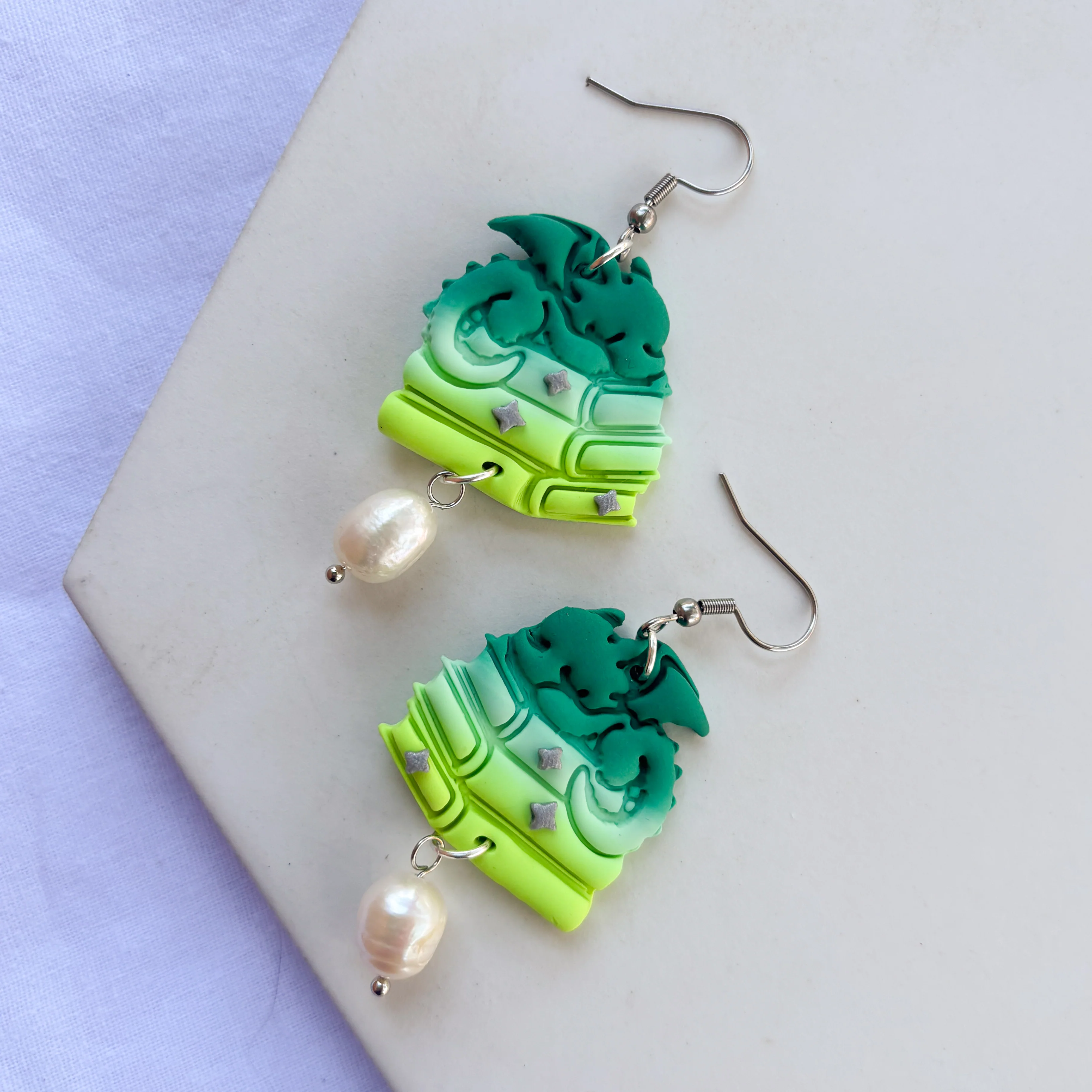 DRAGON ON BOOKS EARRINGS (ELECTRIC GREEN) - Image 2